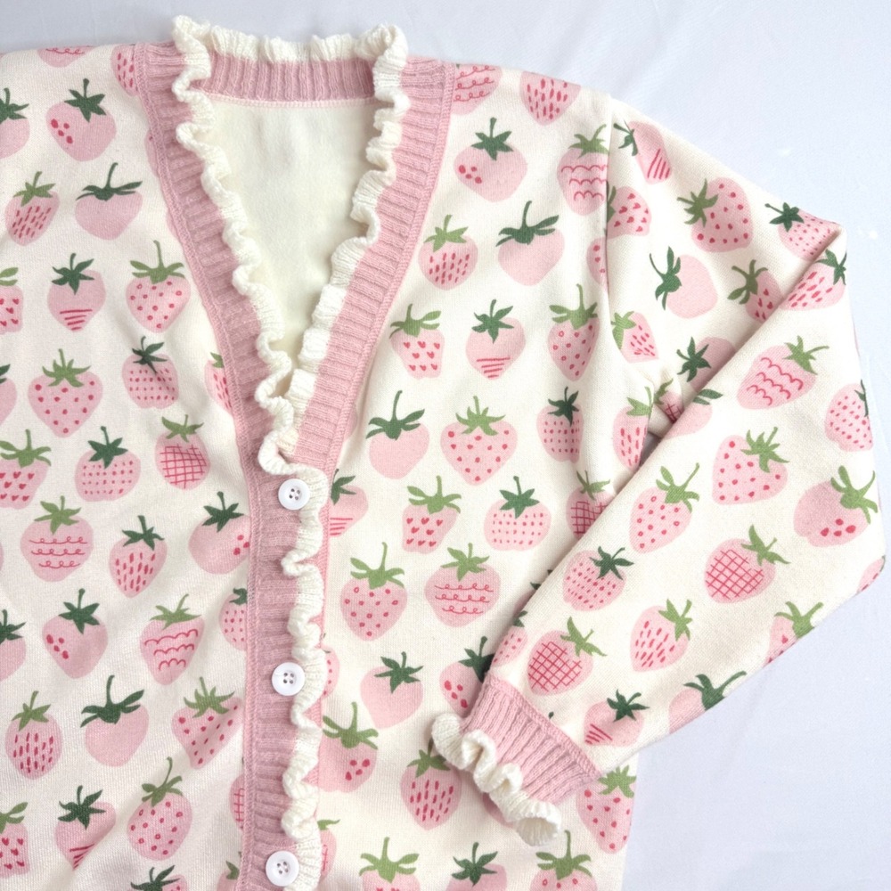 Womens Strawberry Print Ruffle Trim Knit Cardigan Pink Cream V-Neck Button Up - Picture 3 of 11